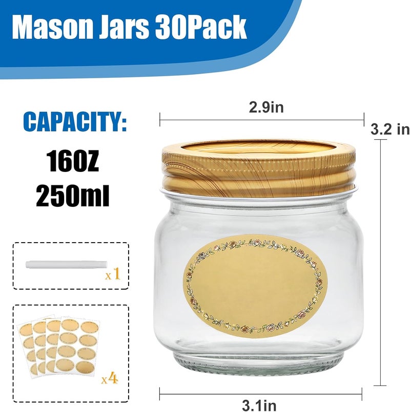 Accguan Mason Jars, glass jar 8OZ With Woodgrain Lids and Bands, Ideal for Jam, Honey, Wedding Favors, Shower Favors, 30 PACK - Image 2
